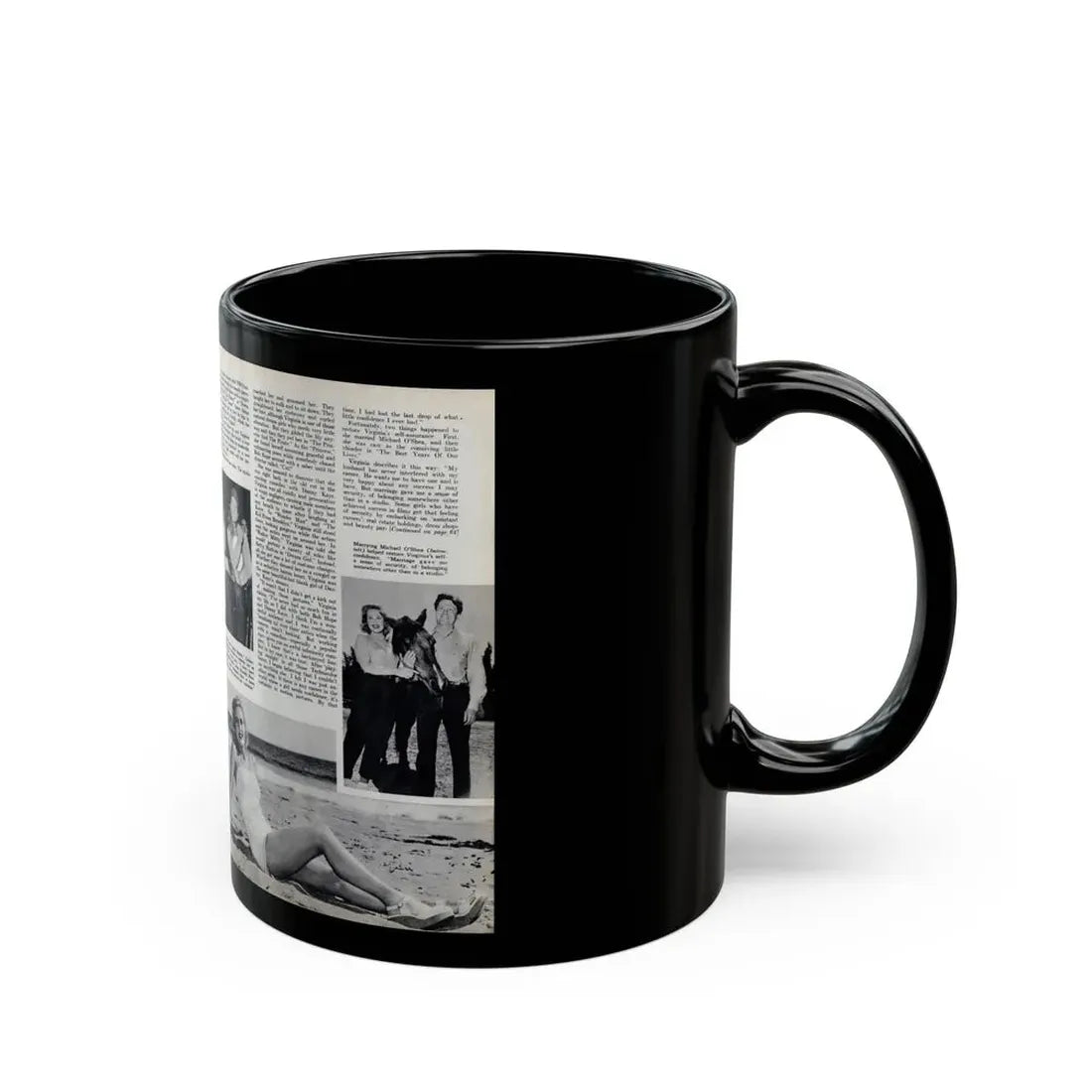 Virginia Mayo #290 - 2 Pages of Virginia+3 B&W Pin-Up Pics & 2 Candid Shots circa late 40's from a Movie Star Magazine (Vintage Female Icon) Black Coffee Mug - Go Mug Yourself