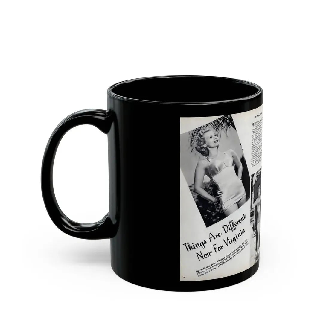 Virginia Mayo #290 - 2 Pages of Virginia+3 B&W Pin-Up Pics & 2 Candid Shots circa late 40's from a Movie Star Magazine (Vintage Female Icon) Black Coffee Mug - Go Mug Yourself