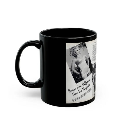 Virginia Mayo #290 - 2 Pages of Virginia+3 B&W Pin-Up Pics & 2 Candid Shots circa late 40's from a Movie Star Magazine (Vintage Female Icon) Black Coffee Mug - Go Mug Yourself