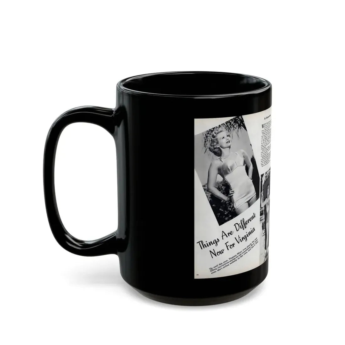 Virginia Mayo #290 - 2 Pages of Virginia+3 B&W Pin-Up Pics & 2 Candid Shots circa late 40's from a Movie Star Magazine (Vintage Female Icon) Black Coffee Mug - Go Mug Yourself