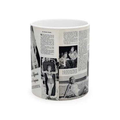 Virginia Mayo #290 - 2 Pages of Virginia+3 B&W Pin-Up Pics & 2 Candid Shots circa late 40's from a Movie Star Magazine (Vintage Female Icon) White Coffee Mug 11oz - Go Mug Yourself