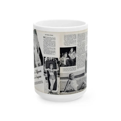 Virginia Mayo #290 - 2 Pages of Virginia+3 B&W Pin-Up Pics & 2 Candid Shots circa late 40's from a Movie Star Magazine (Vintage Female Icon) White Coffee Mug 15oz - Go Mug Yourself