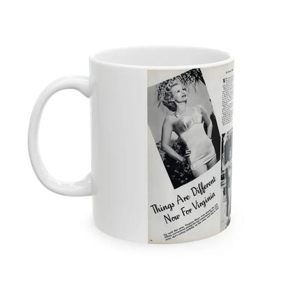 Virginia Mayo #290 - 2 Pages of Virginia+3 B&W Pin-Up Pics & 2 Candid Shots circa late 40's from a Movie Star Magazine (Vintage Female Icon) White Coffee Mug - Go Mug Yourself