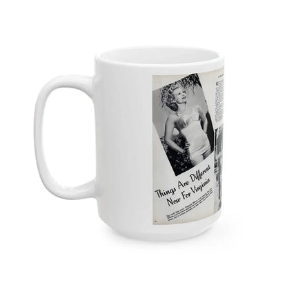 Virginia Mayo #290 - 2 Pages of Virginia+3 B&W Pin-Up Pics & 2 Candid Shots circa late 40's from a Movie Star Magazine (Vintage Female Icon) White Coffee Mug - Go Mug Yourself