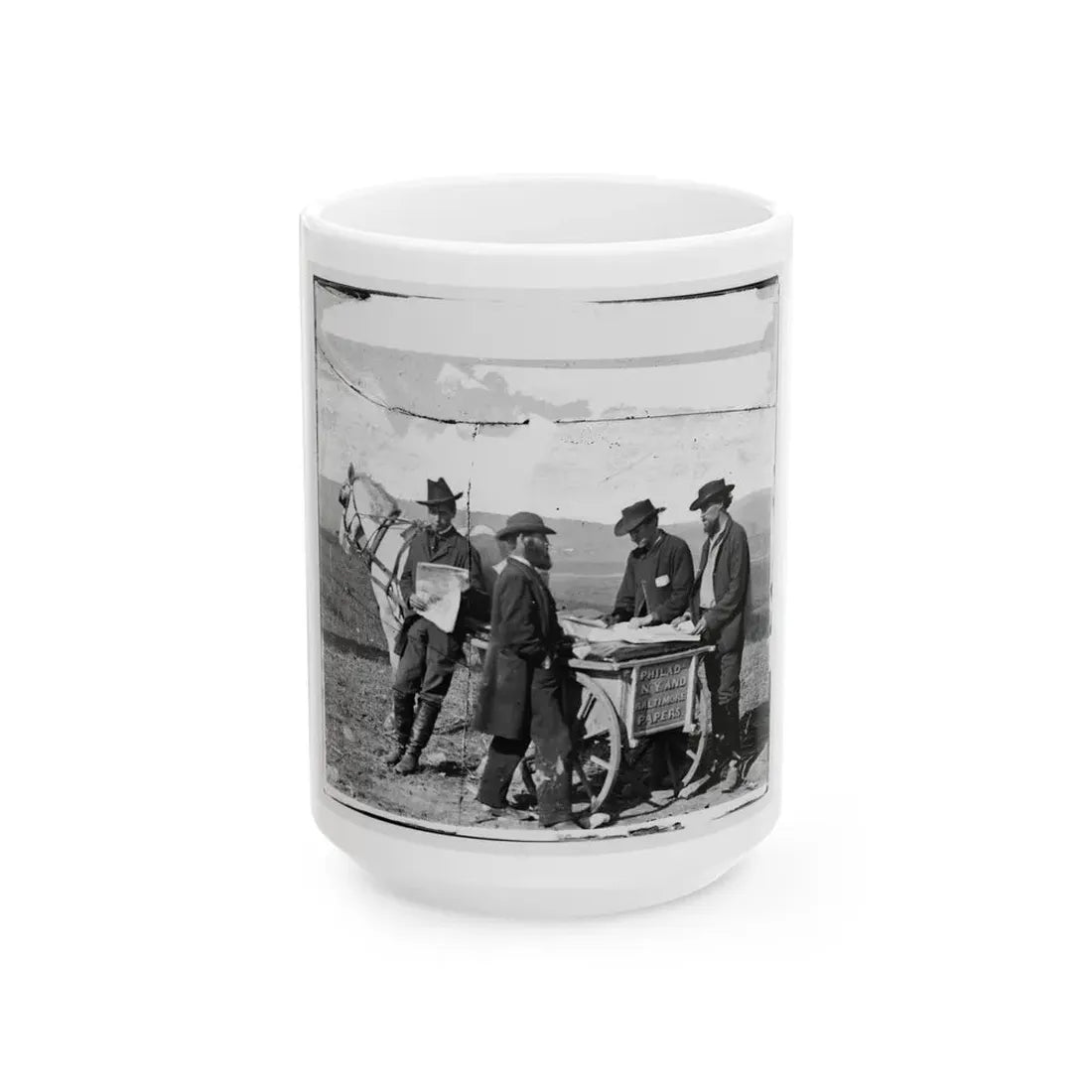 Virginia. Newspaper Vendor And Cart In Camp (U.S. Civil War) White Coffee Mug 15oz - Go Mug Yourself