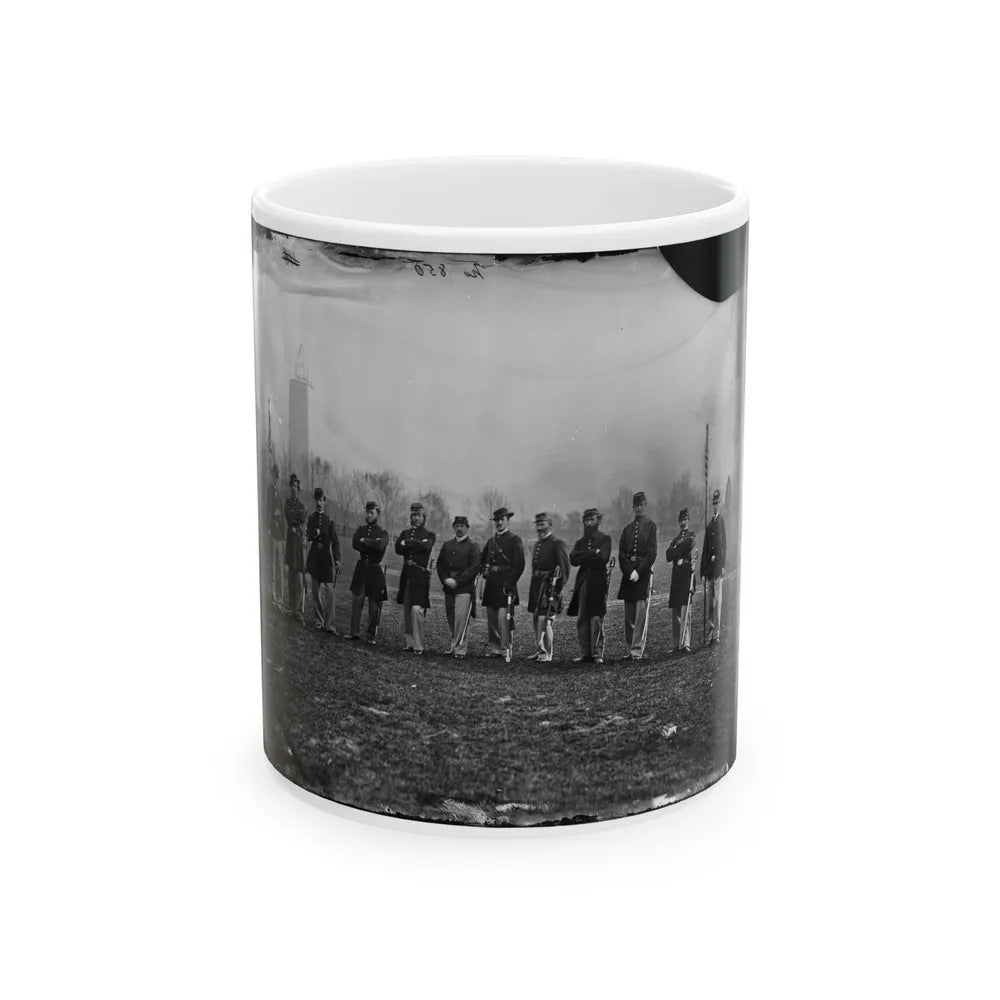 Washington, D.C. Officers Of The U.S. Treasury Battalion; Uncompleted Washington Monument In Left Background (U.S. Civil War) White Coffee Mug-11oz-Go Mug Yourself