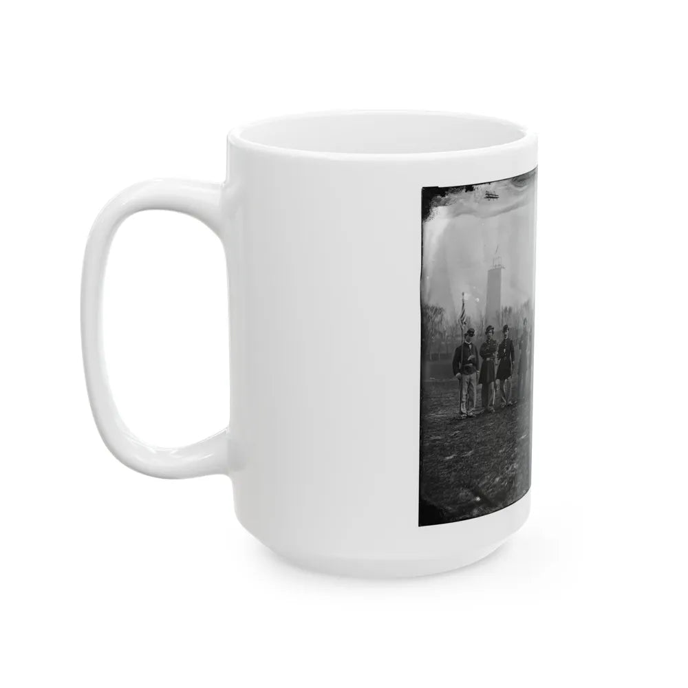 Washington, D.C. Officers Of The U.S. Treasury Battalion; Uncompleted Washington Monument In Left Background (U.S. Civil War) White Coffee Mug-Go Mug Yourself