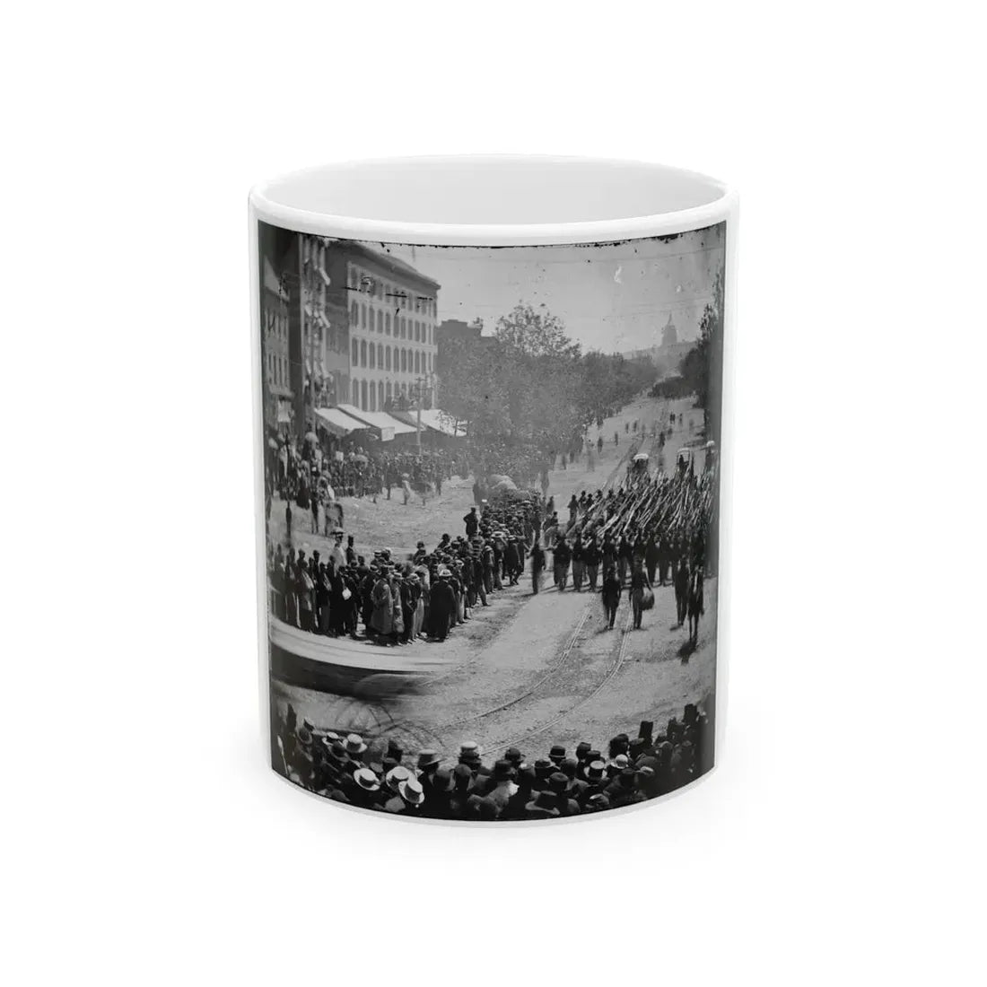 Washington, D.C. Infantry Unit With Fixed Bayonets Followed By Ambulances Passing On Pennsylvania Avenue Near The Treasury (U.S. Civil War) White Coffee Mug 11oz - Go Mug Yourself