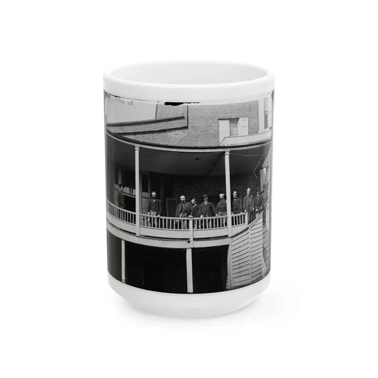 Washington, D.C. Officers And Clerks On A Porch At Signal Corps Headquarters (U.S. Civil War) White Coffee Mug 15oz - Go Mug Yourself