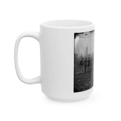 Washington, D.C. Officers Of The U.S. Treasury Battalion; Uncompleted Washington Monument In Left Background (U.S. Civil War) White Coffee Mug - Go Mug Yourself