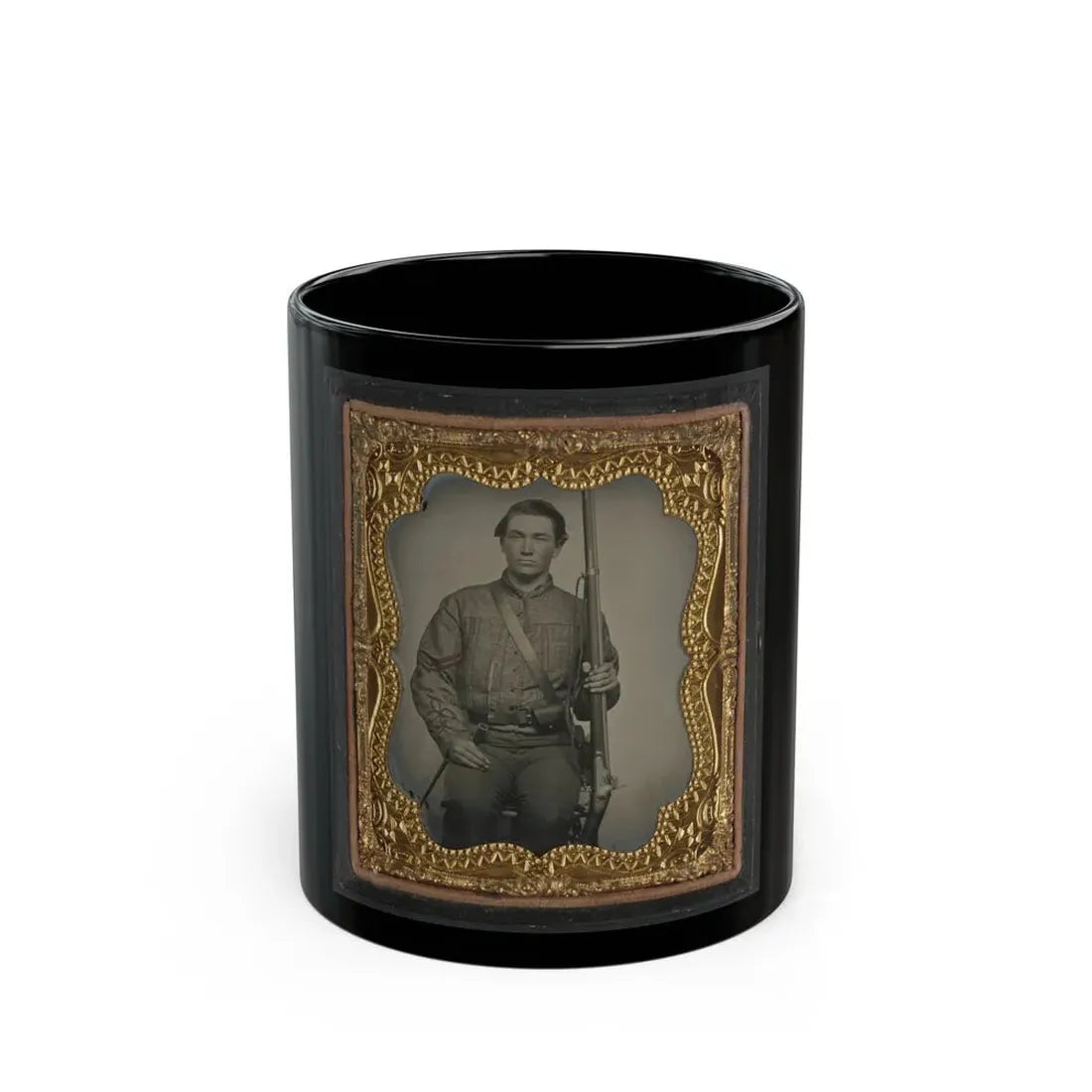 William Jenkins, North Carolina Soldier, In Artillery Uniform, With Percussion Musket Converted From A Flintlock Musket (U.S. Civil War) Black Coffee Mug 11oz - Go Mug Yourself