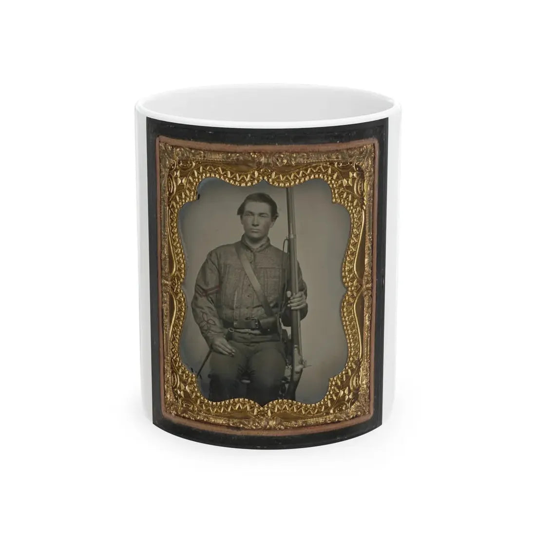 William Jenkins, North Carolina Soldier, In Artillery Uniform, With Percussion Musket Converted From A Flintlock Musket (U.S. Civil War) White Coffee Mug 11oz - Go Mug Yourself