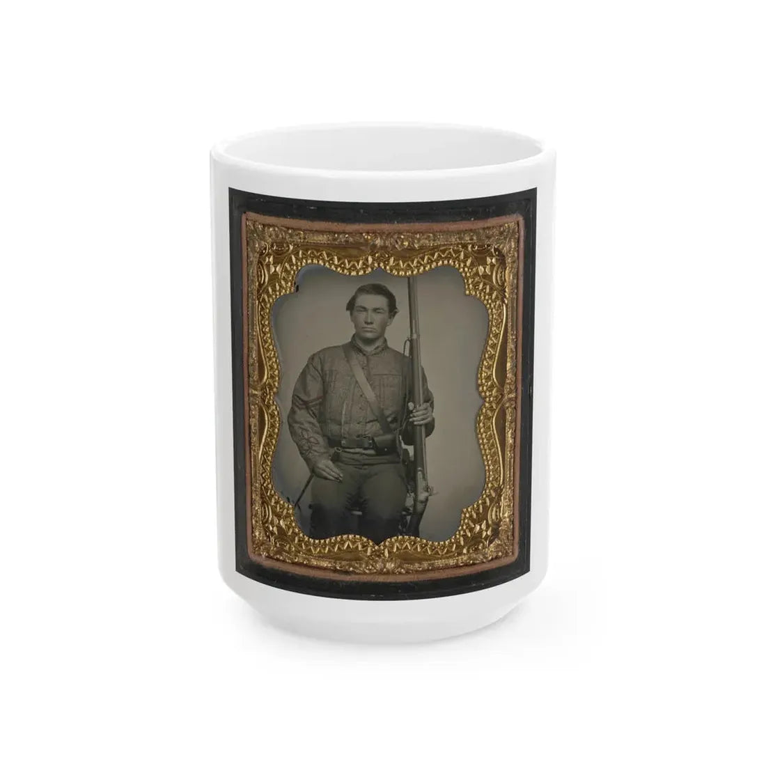 William Jenkins, North Carolina Soldier, In Artillery Uniform, With Percussion Musket Converted From A Flintlock Musket (U.S. Civil War) White Coffee Mug 15oz - Go Mug Yourself