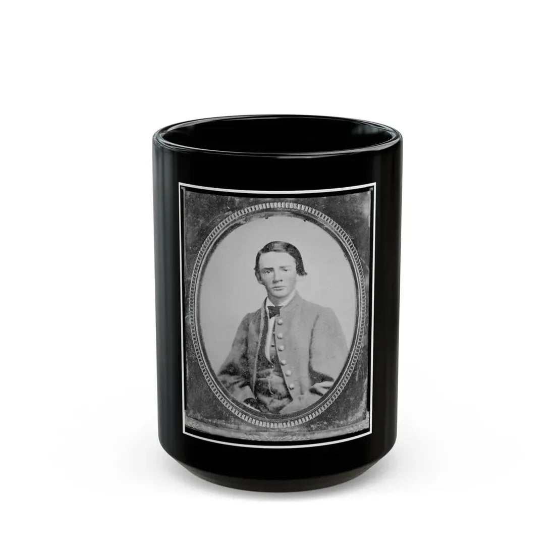 Wm. Francis Jones, Pvt., 5th Virginia Cavalry, C.S.A., Half-Length Portrait, Seated, Facing Front (U.S. Civil War) Black Coffee Mug 15oz - Go Mug Yourself