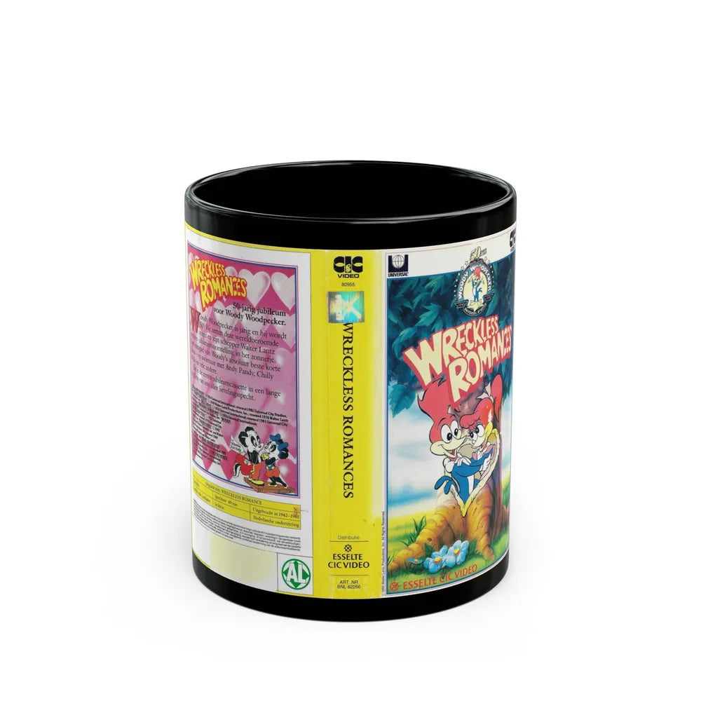 WOODY WOODPECKER WRECKLESS ROMANCES (VHS COVER) - Black Coffee Mug-11oz-Go Mug Yourself