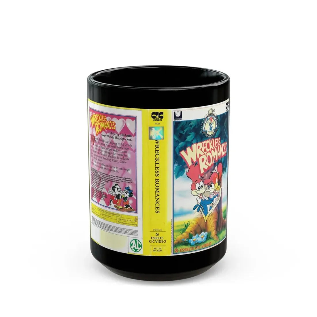 WOODY WOODPECKER WRECKLESS ROMANCES (VHS COVER) - Black Coffee Mug 15oz - Go Mug Yourself