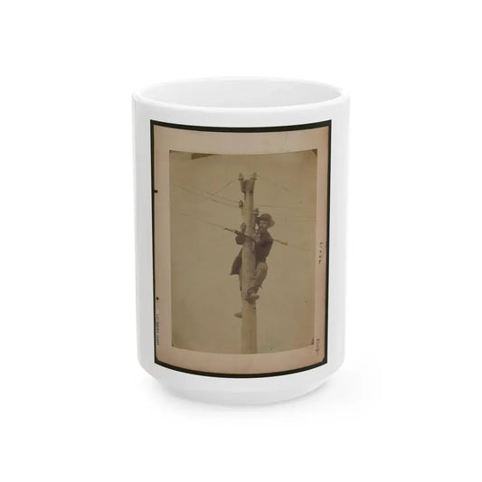 Worker Repairing Telegraph Line (U.S. Civil War) White Coffee Mug 15oz - Go Mug Yourself