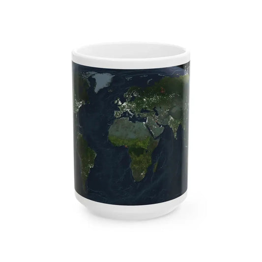World Map - Earth at Night (2004) (Map) White Coffee Mug 15oz - Go Mug Yourself