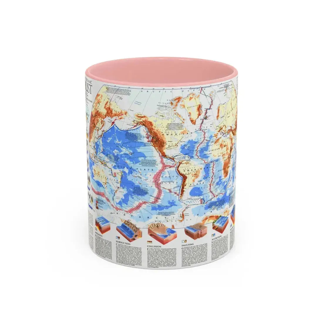 World Map - Earth's Dynamic Crust (1985) (Map) Accent Coffee Mug 11oz Pink - Go Mug Yourself