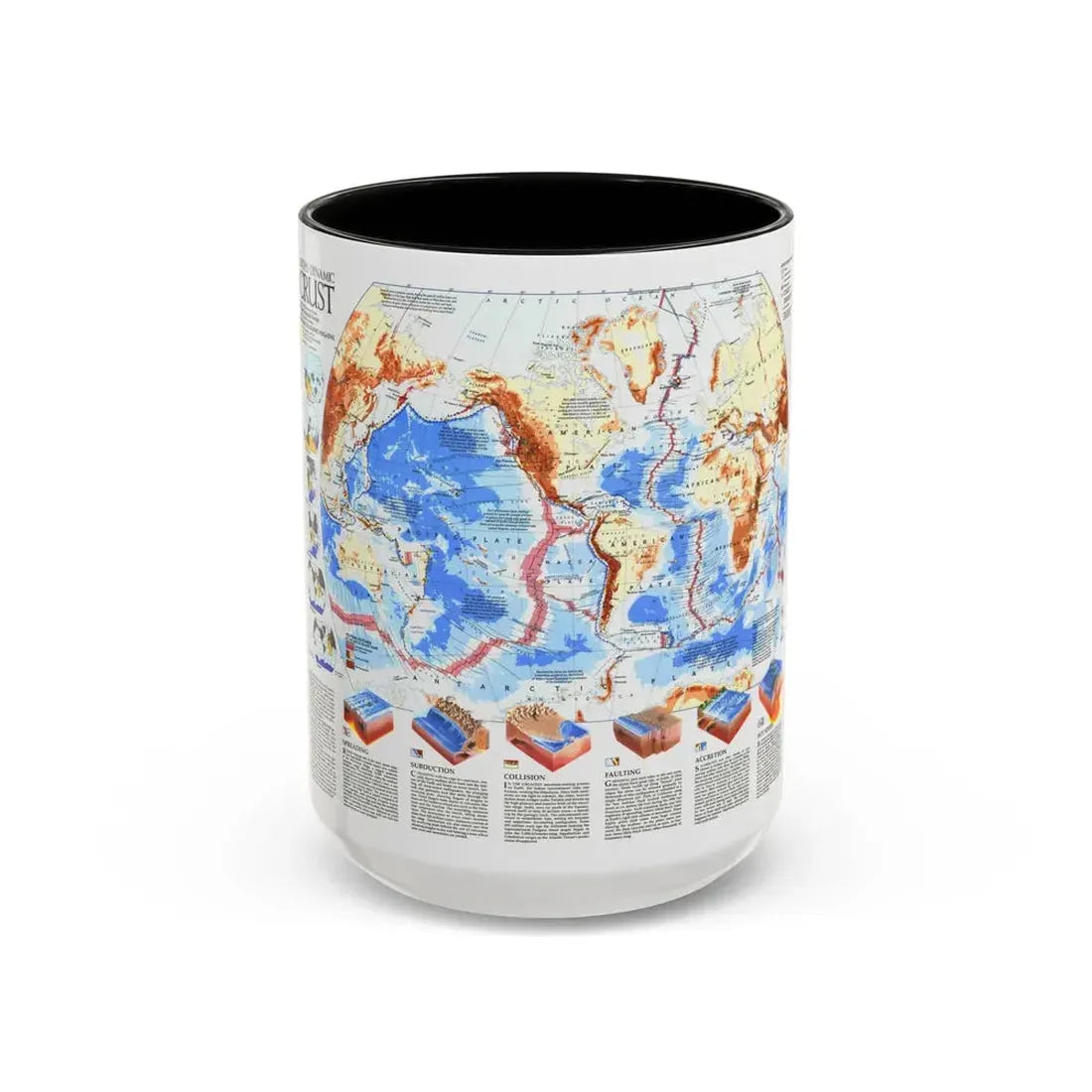 World Map - Earth's Dynamic Crust (1985) (Map) Accent Coffee Mug 15oz Black - Go Mug Yourself