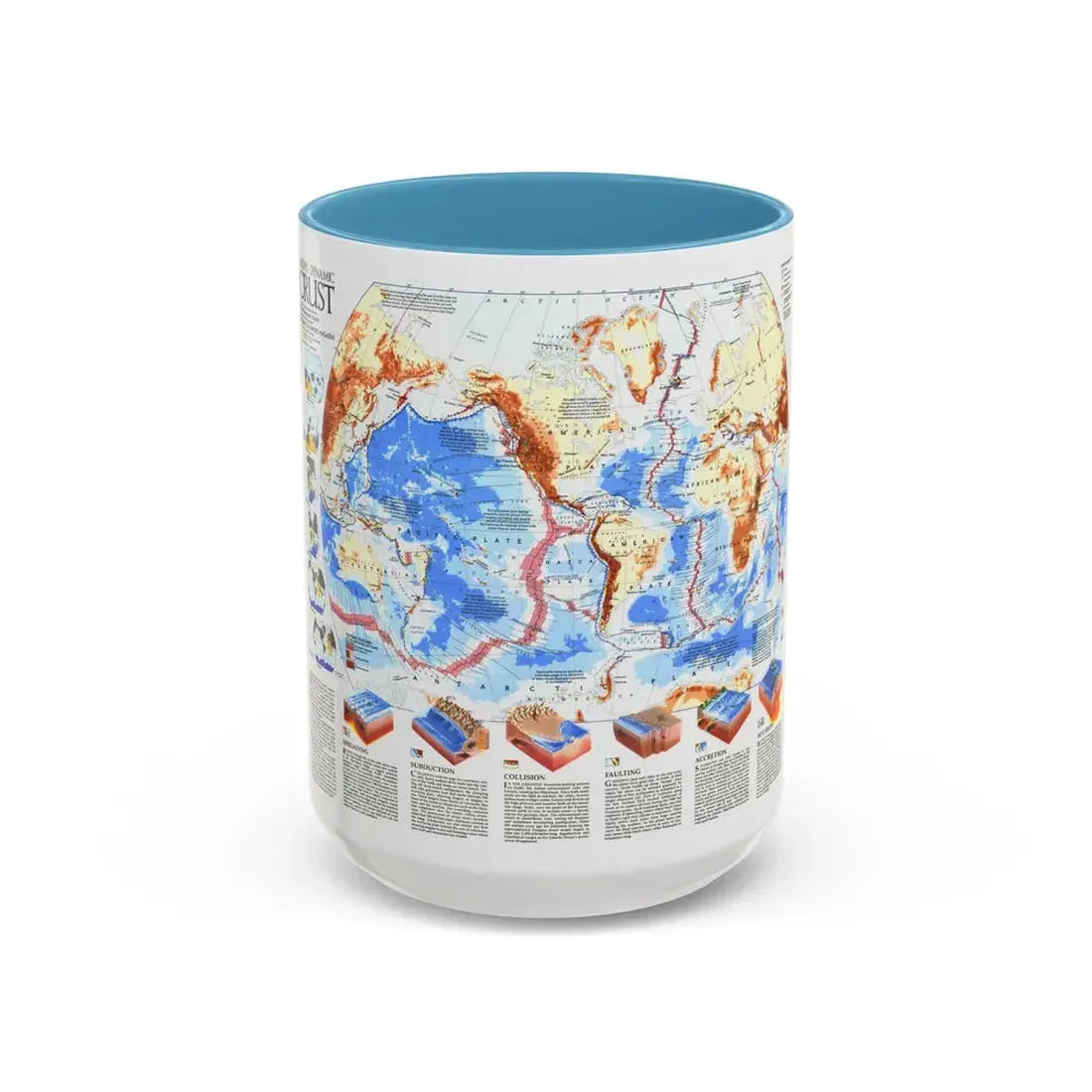 World Map - Earth's Dynamic Crust (1985) (Map) Accent Coffee Mug 15oz Light Blue - Go Mug Yourself