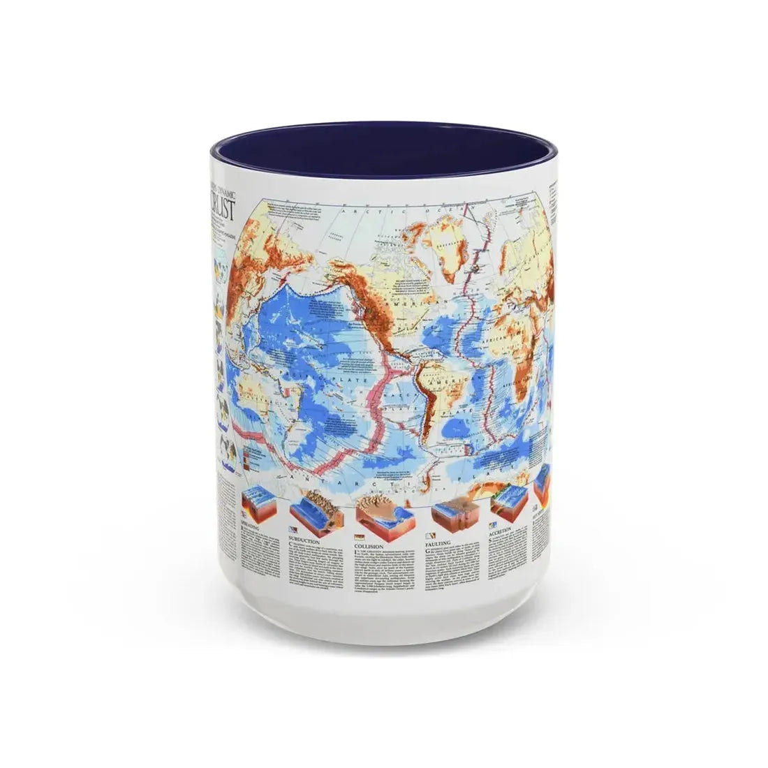 World Map - Earth's Dynamic Crust (1985) (Map) Accent Coffee Mug 15oz Navy - Go Mug Yourself