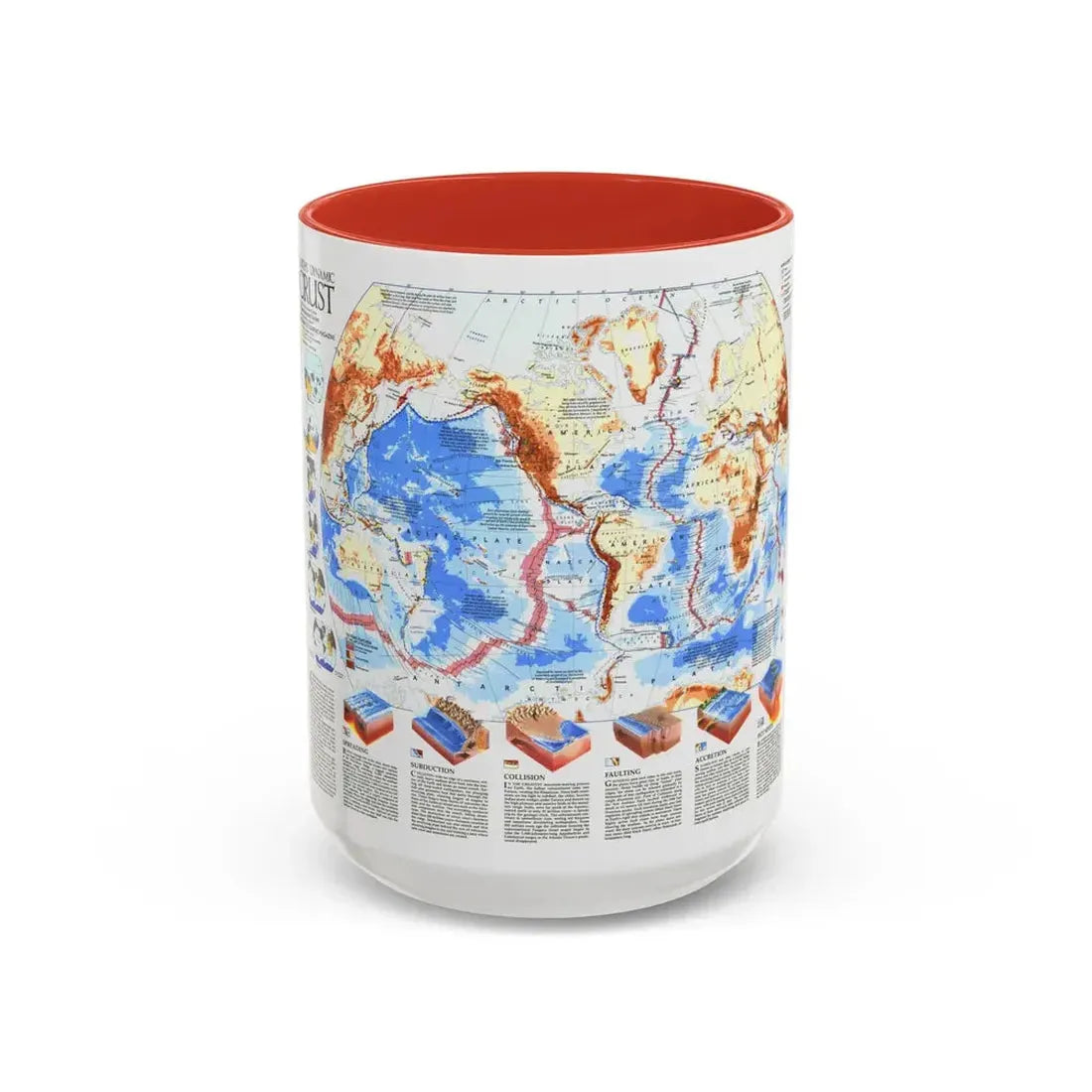 World Map - Earth's Dynamic Crust (1985) (Map) Accent Coffee Mug 15oz Red - Go Mug Yourself
