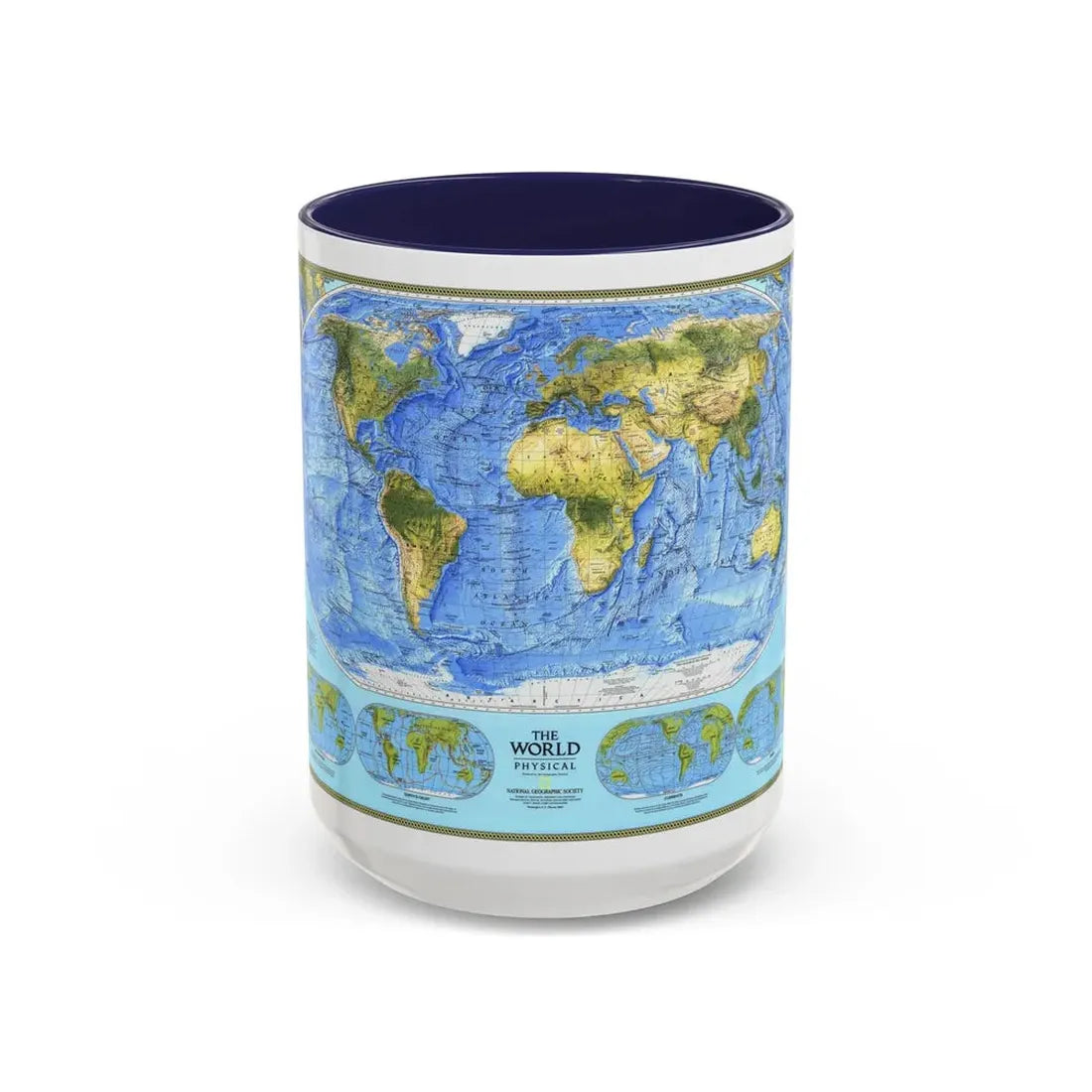World Map - Physical (1994) (Map) Accent Coffee Mug 15oz Navy - Go Mug Yourself