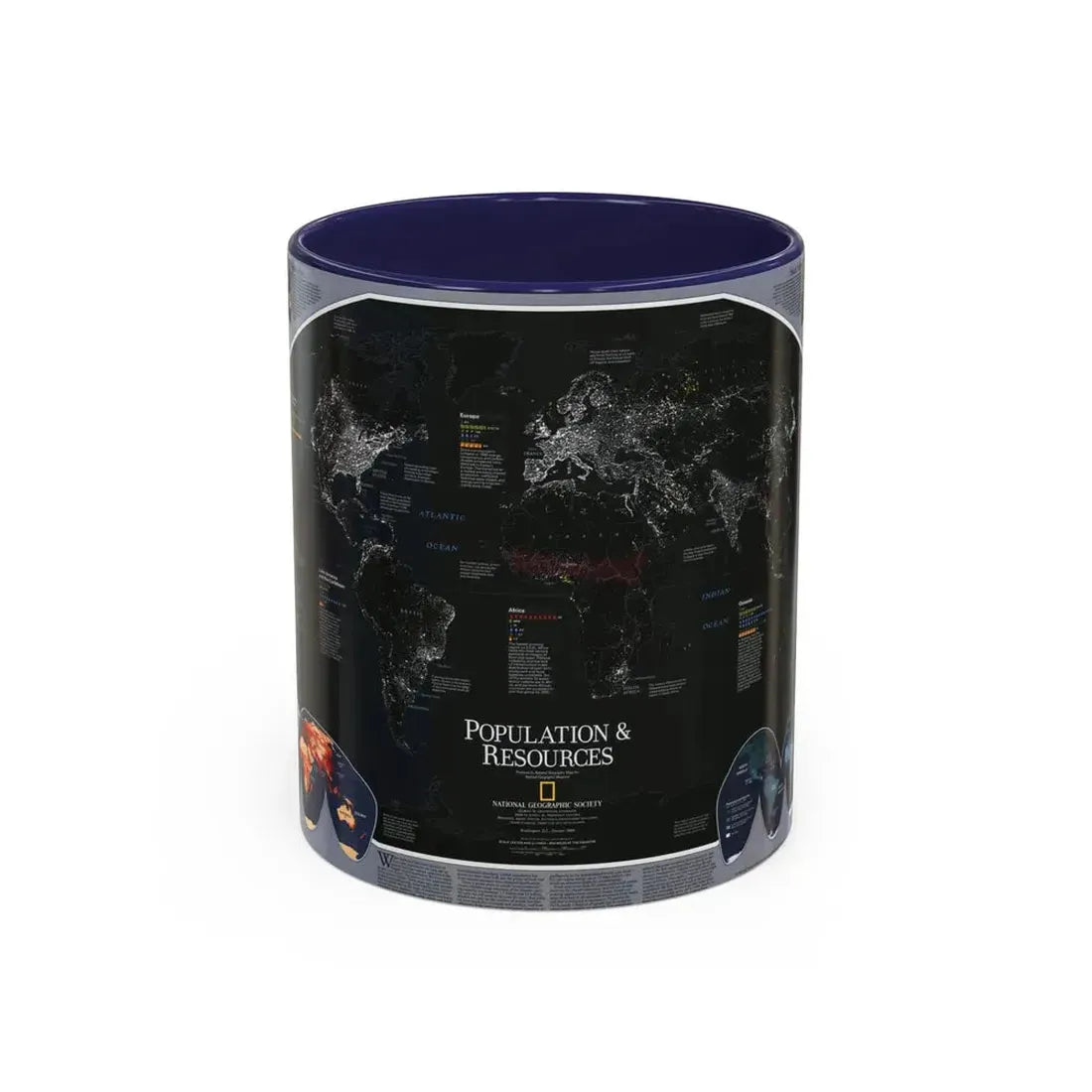 World Map - Population and Resources (1998) (Map) Accent Coffee Mug 11oz Navy - Go Mug Yourself