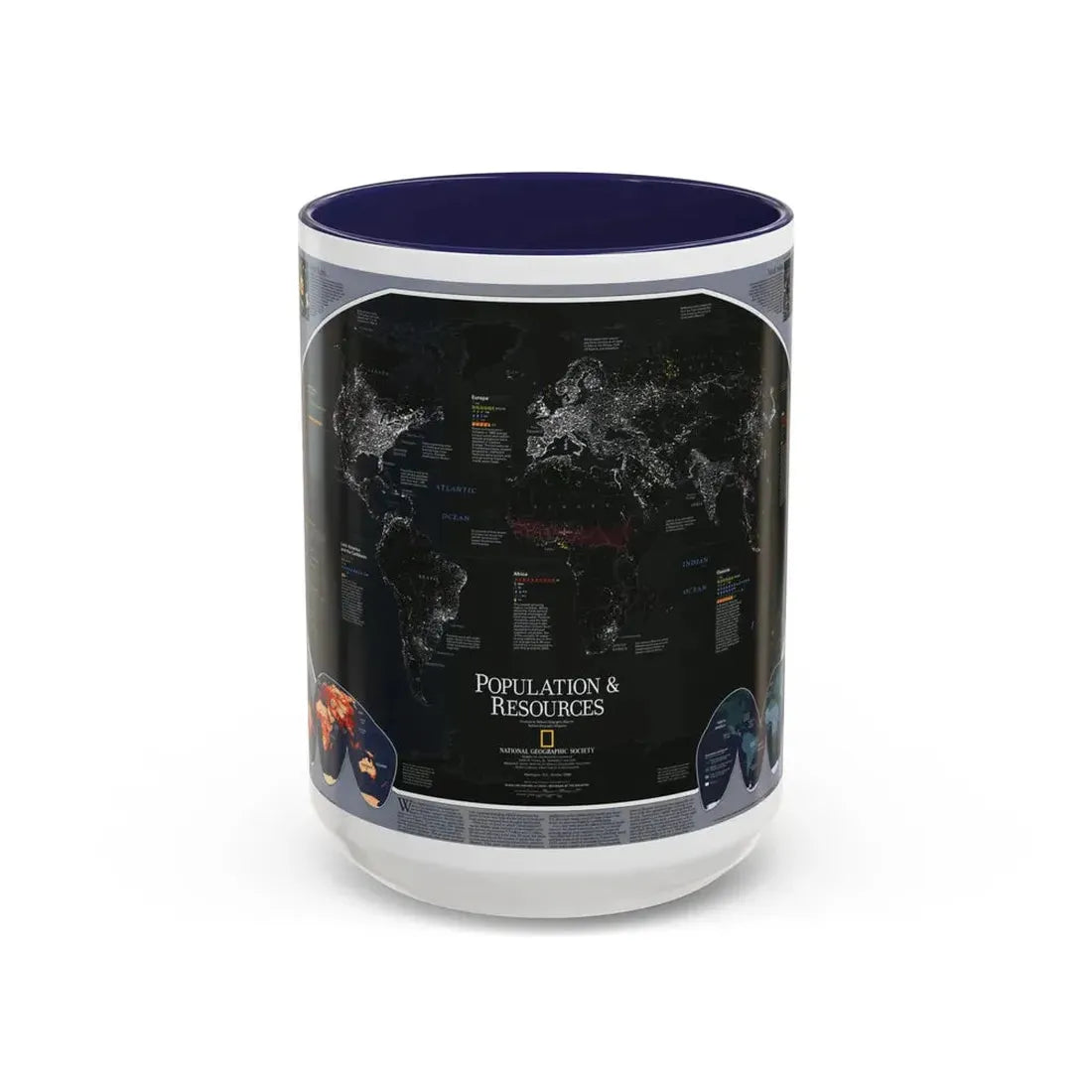 World Map - Population and Resources (1998) (Map) Accent Coffee Mug 15oz Navy - Go Mug Yourself