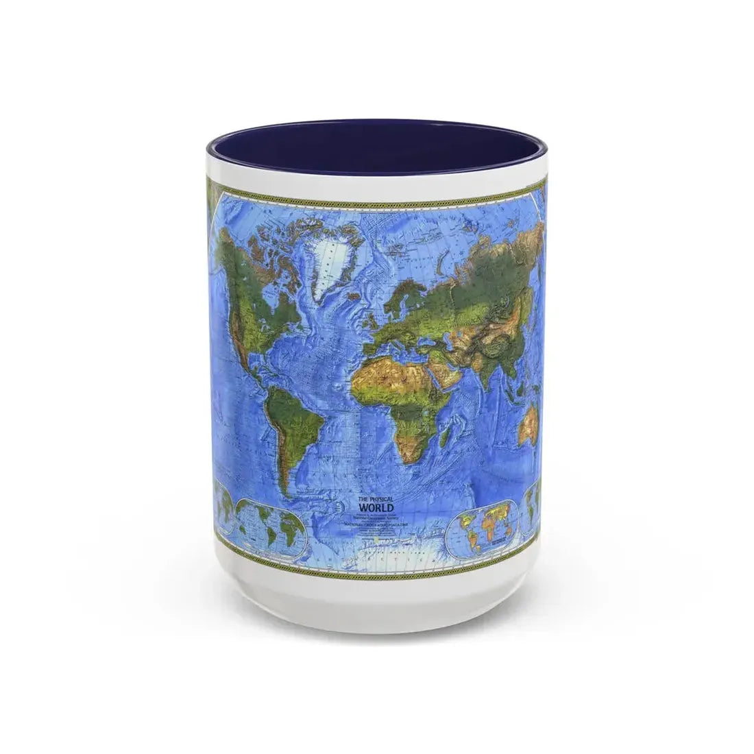 World Map - The Physical World (1975) (Map) Accent Coffee Mug 15oz Navy - Go Mug Yourself