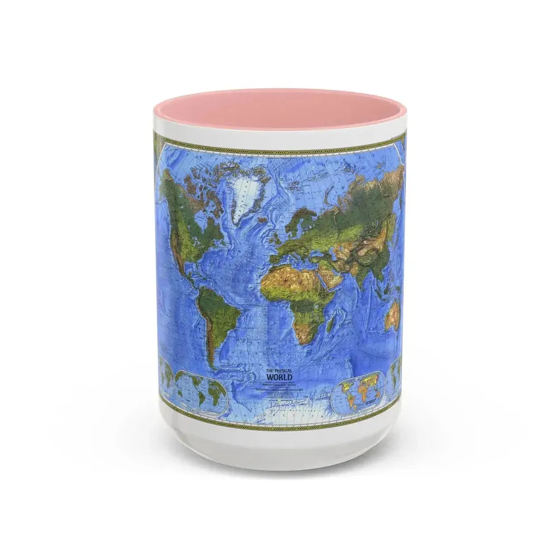 World Map - The Physical World (1975) (Map) Accent Coffee Mug 15oz Pink - Go Mug Yourself