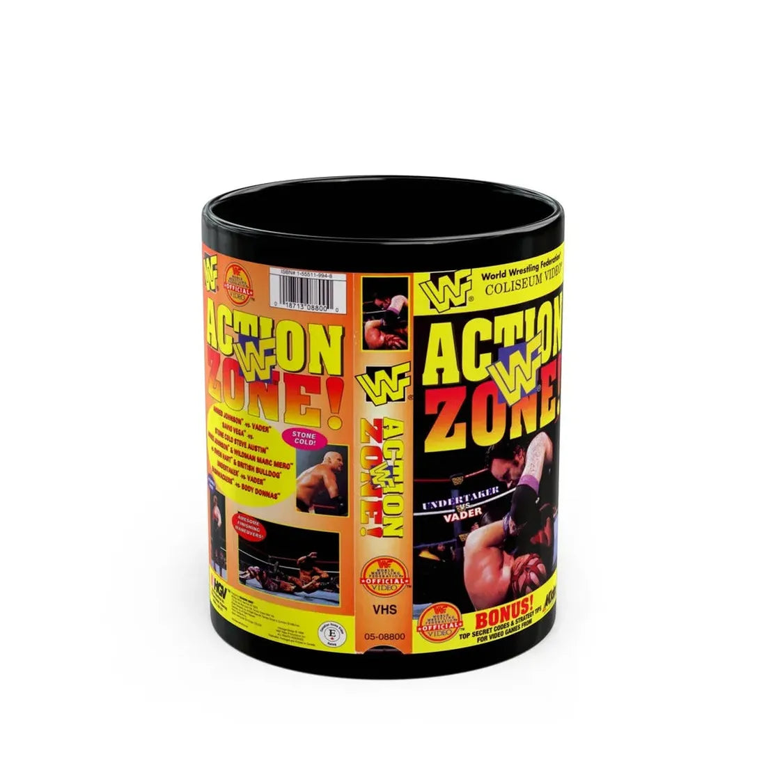 WWF ACTION ZONE (VHS COVER) - Black Coffee Mug 11oz - Go Mug Yourself