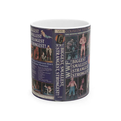 WWF WRESTLINGS BIGGEST SMALLEST STRANGEST STRONGEST (VHS COVER) - White Coffee Mug 11oz - Go Mug Yourself