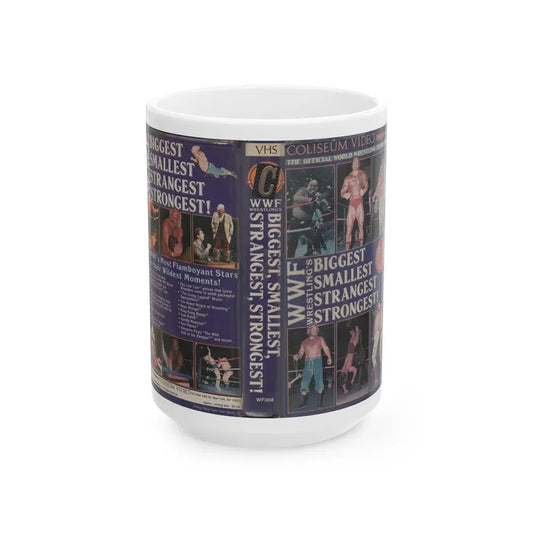 WWF WRESTLINGS BIGGEST SMALLEST STRANGEST STRONGEST (VHS COVER) - White Coffee Mug 15oz - Go Mug Yourself