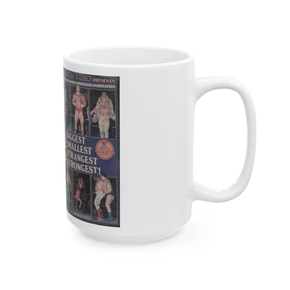 WWF WRESTLINGS BIGGEST SMALLEST STRANGEST STRONGEST (VHS COVER) - White Coffee Mug-Go Mug Yourself