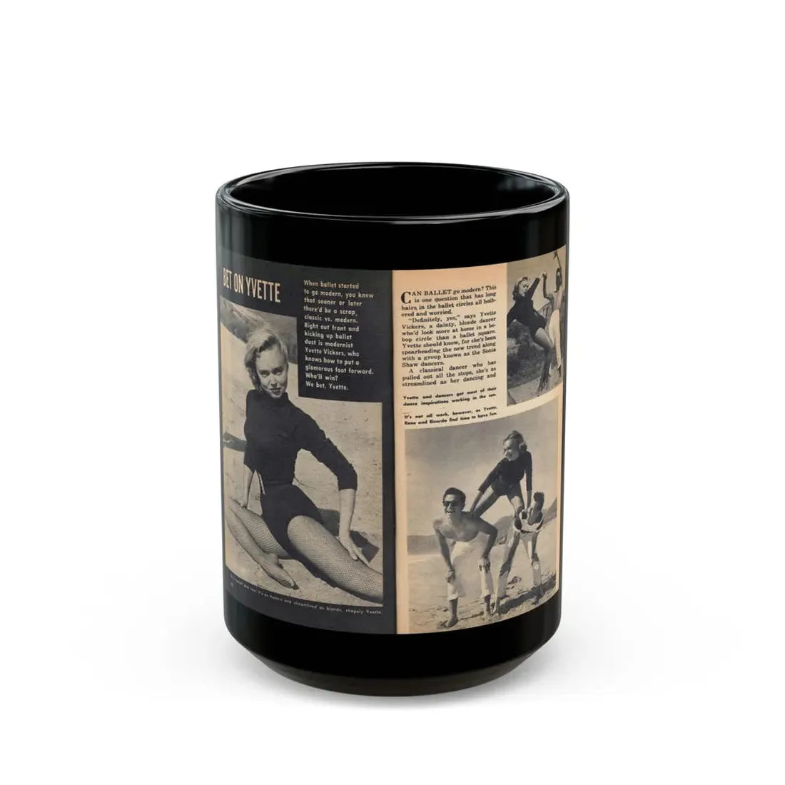 Yvette Vickers #114 - [Pages 102 & 103] Pages 1 & 2 of 4 with, Yvette Vickers+3 B&W Photos Brief Article & Caption from VUE Digest Mag. Oct. '55 (Vintage Female Icon) Black Coffee Mug 15oz - Go Mug Yourself