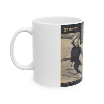 Yvette Vickers #114 - [Pages 102 & 103] Pages 1 & 2 of 4 with, Yvette Vickers+3 B&W Photos Brief Article & Caption from VUE Digest Mag. Oct. '55 (Vintage Female Icon) White Coffee Mug - Go Mug Yourself